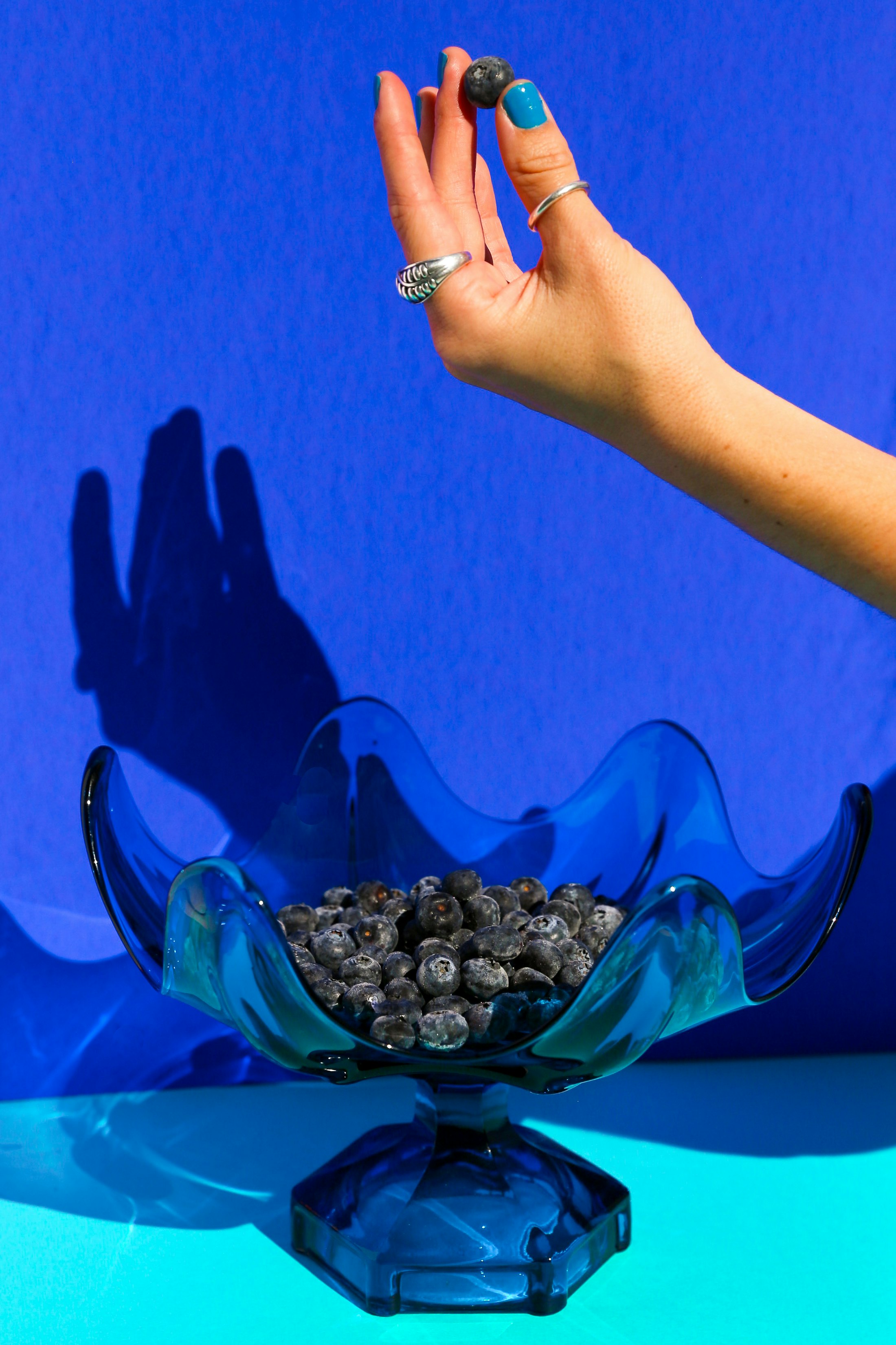 person holding black beans on blue plastic container